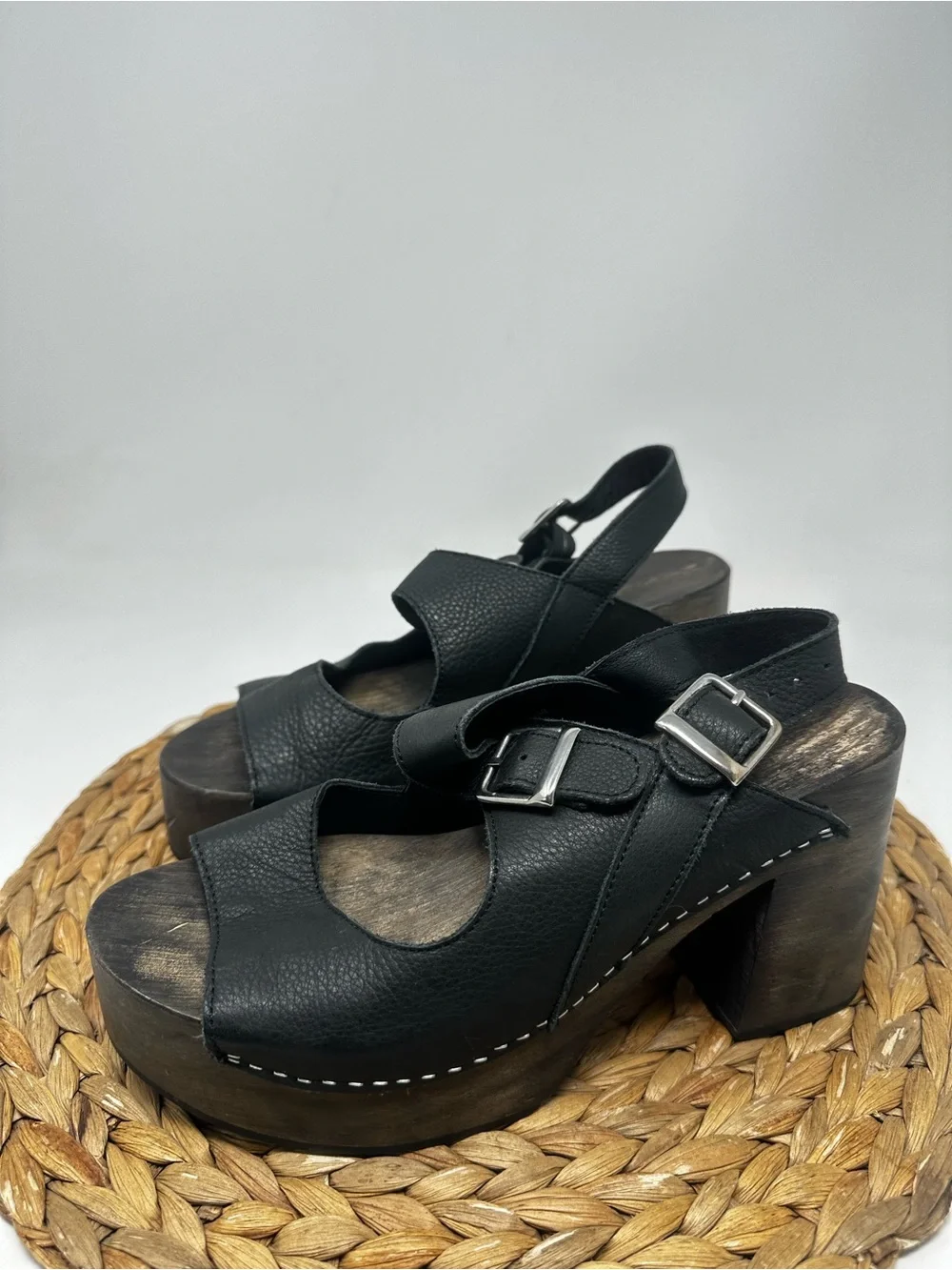 Free People Belem’s Black Platform Slingback Sandals Classic Chunky Heel Size 37